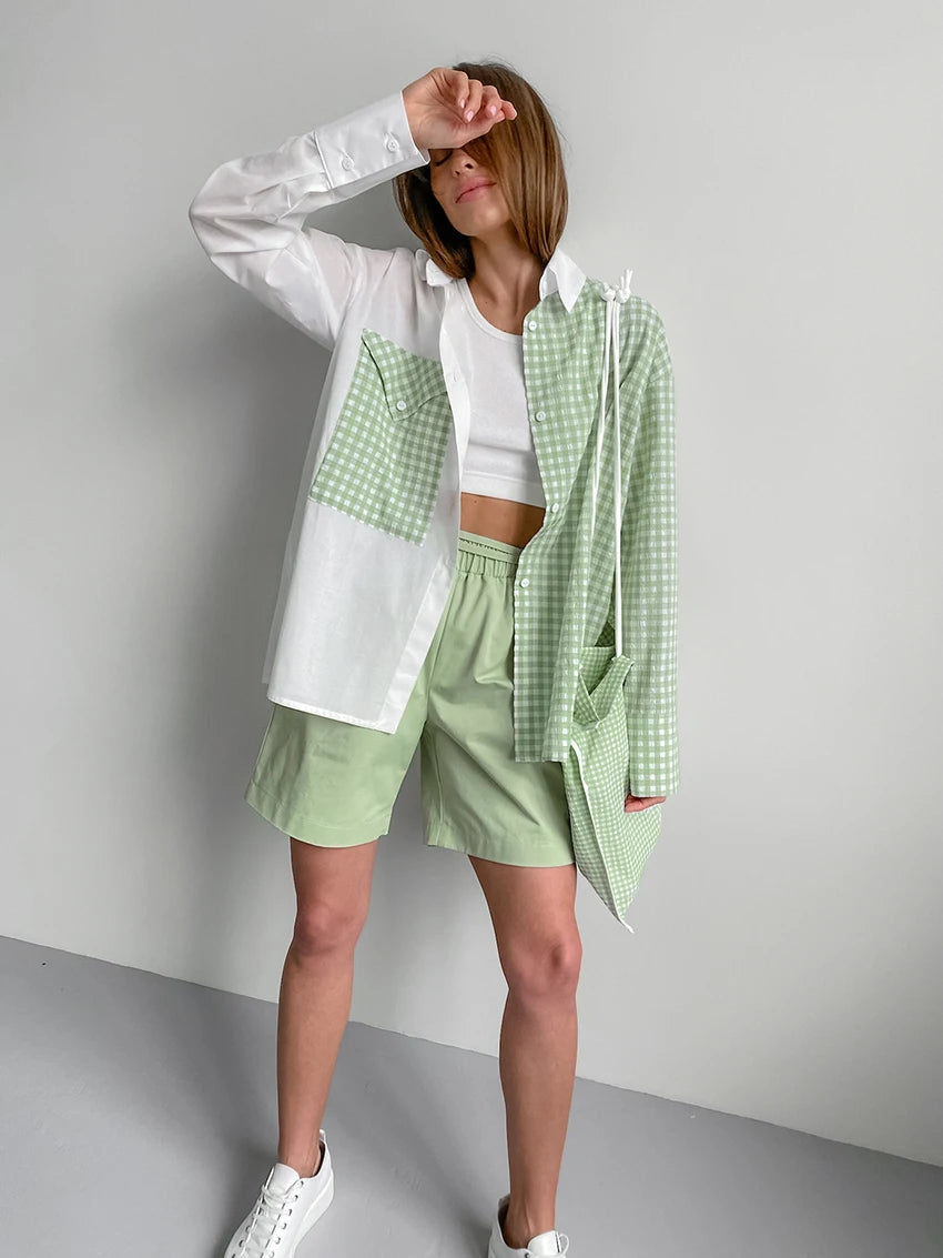 Plaid Green Patchwork Blouse