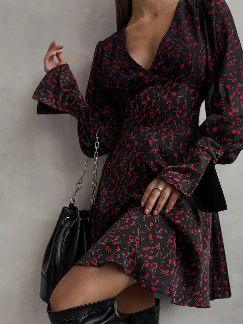 V Neck Mini Print Dress