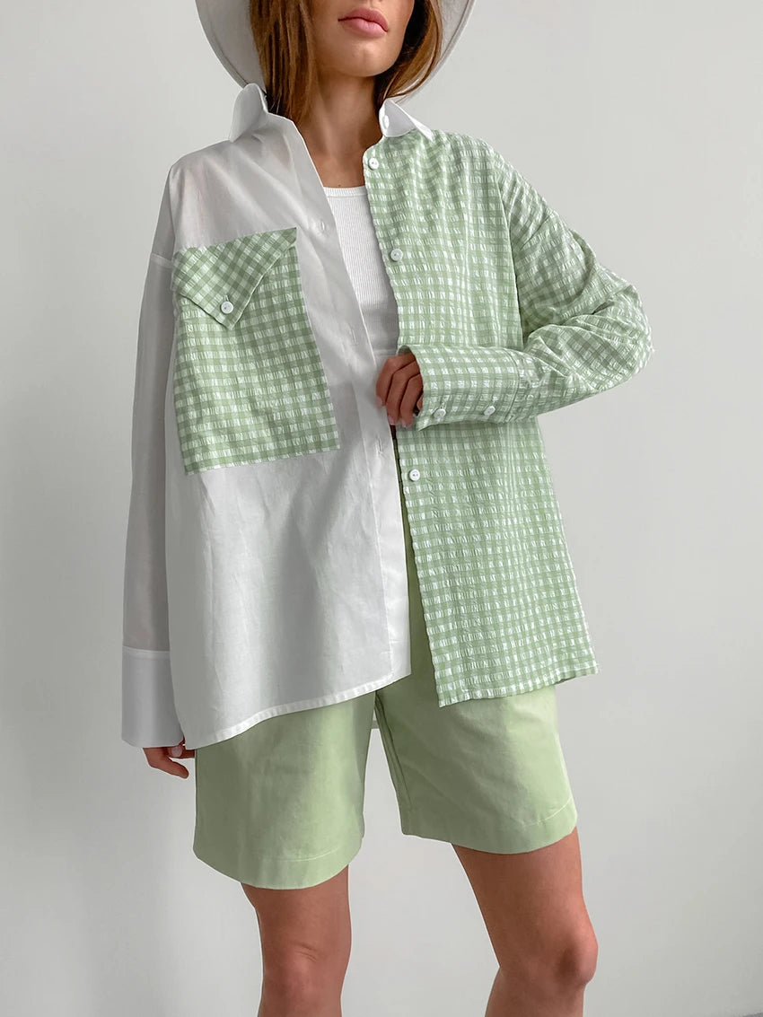 Plaid Green Patchwork Blouse