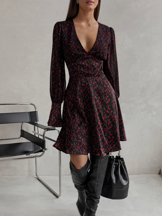 V Neck Mini Print Dress